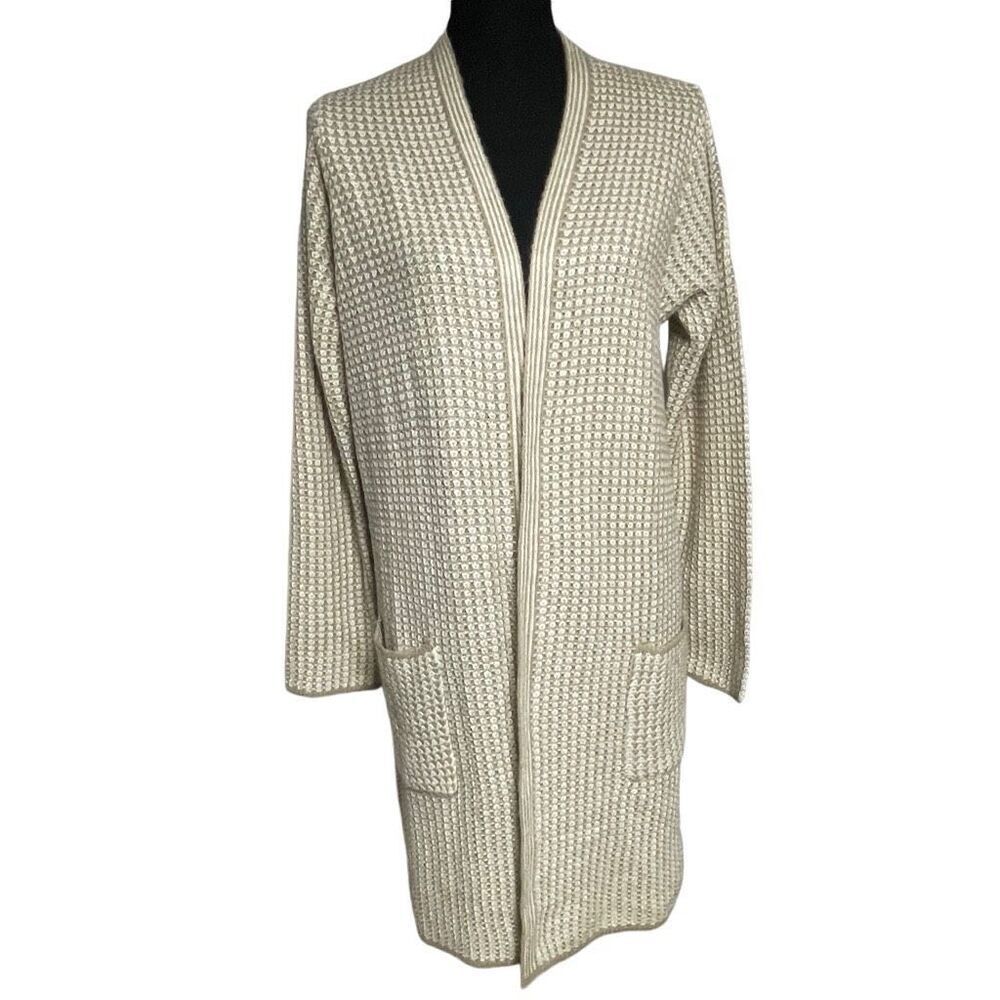 Fortune+Ivy Tan and White Knit Longline Open Front Cardigan
